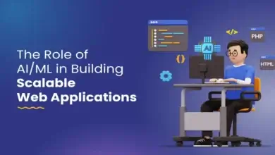 Graphic depicting AI and machine learning concepts integrated with web development, highlighting scalability features.